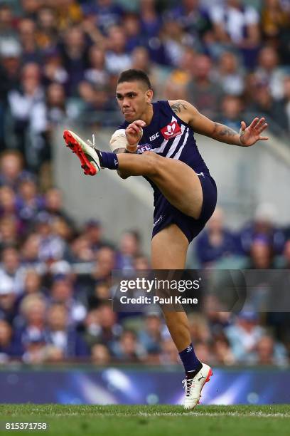 Michael Walters of the Dockers kicks the ball during the round 17 AFL match between the Fremantle Dockers and the West Coast Eagles at Domain Stadium...