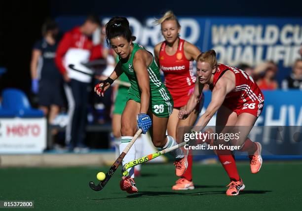 Anna O'Flanagan of Ireland battles with Nicola White of England during day 5 of the FIH Hockey World League Women's Semi Finals Pool A match between...