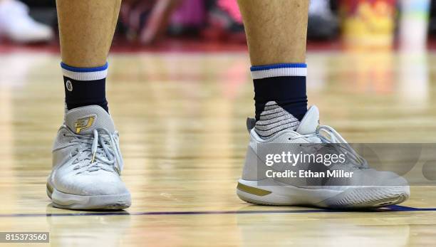 Ding Yanyuhang of the Dallas Mavericks wears Nike Air Jordan sneakers during the 2017 Summer League game against the Boston Celtics at the Thomas &...