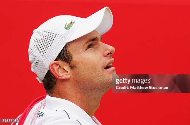 Andy Roddick of USA reacts during his match against Mardy Fish of USA on Day 4 of the Artois Championships at Queen's Club on June 12, 2008 in...