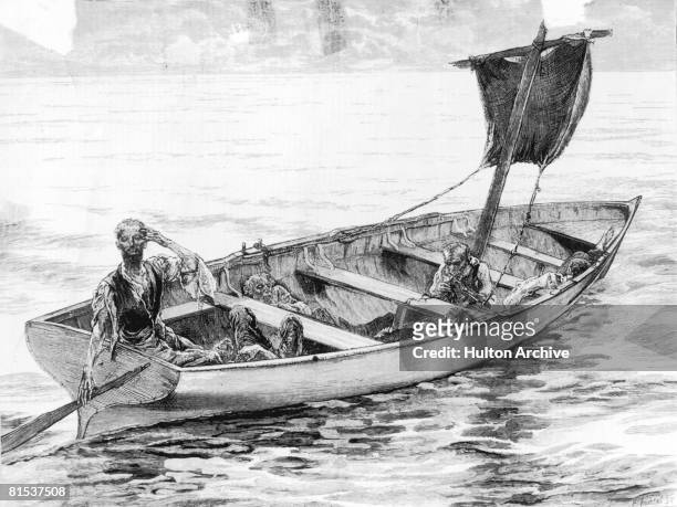 The five remaining survivors of the frigate 'Cospatrick' catch sight of their rescue ship 'British Sceptre', ten days after their vessel caught fire...