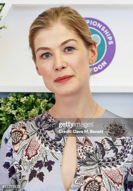 Rosamund Pike attends the evian Live Young suite during Wimbledon 2017 on July 16, 2017 in London, England.