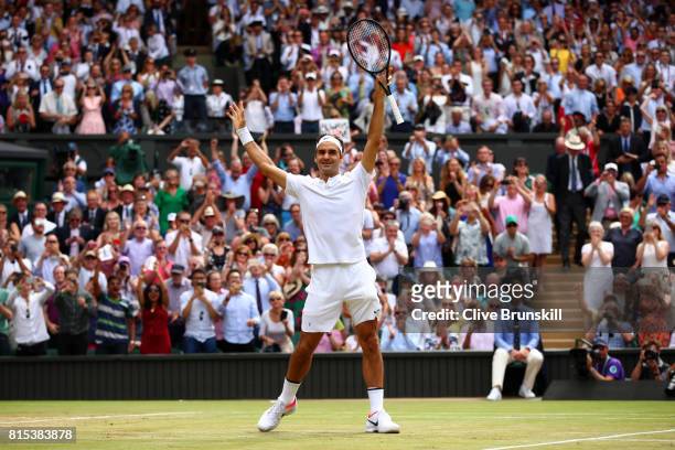 Roger Federer of Switzerland celebrates championship point and victory during the Gentlemen's Singles final against Marin Cilic of Croatia on day...