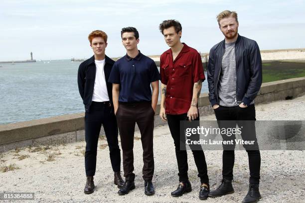 Actors Tom Glynn-Carney, Fionn Whitehead, Harry Styles and Jack Lowden pose for "Dunkirk" Photocall on July 16, 2017 in Dunkerque, France.