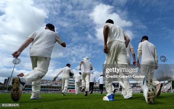 England head on to the field during day three of the 2nd Investec Test match between England and South Africa at Trent Bridge on July 16, 2017 in...