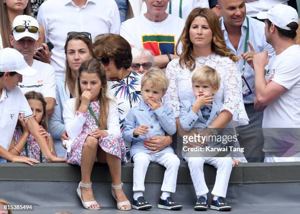Mirka Federer with her children Myla, Charlene, Leo and Lenny attend day 13 of Wimbledon 2017 on July 16, 2017 in London, England.