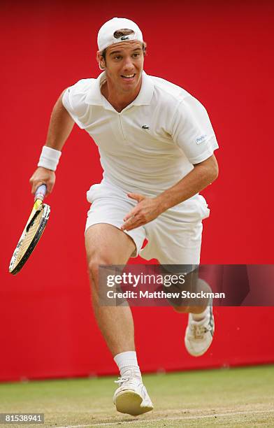 Richard Gasquet of France in action during his match against Mario Ancic of Croatia on Day 4 of the Artois Championships at Queen's Club on June 12,...