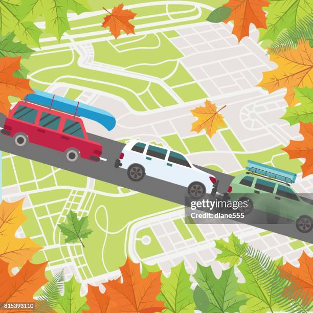 camping vacation backgrounds with lots of elements - fall road stock illustrations