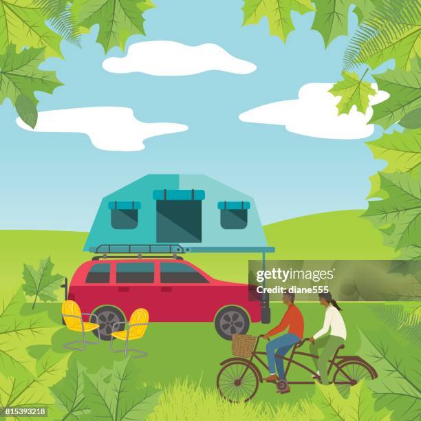 camping vacation backgrounds with lots of elements - couple camping stock illustrations