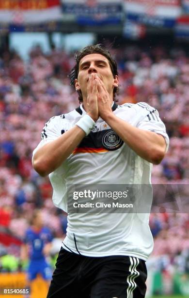 Mario Gomez of Germany reacts during the UEFA EURO 2008 Group B match between Croatia and Germany at Worthersee Stadion on June 12, 2008 in...
