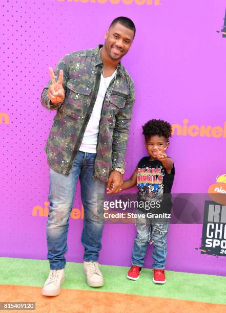 Russell Wilson and Future Wilburn attends the Nickelodeon Kids' Choice Sports Awards 2017 at Pauley Pavilion on July 13, 2017 in Los Angeles,...