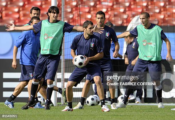 Players of the Italian national football team forward Marco Borriello, forward Antonio Di Natale, forward Fabio Quagliarella and defender Giorgio...