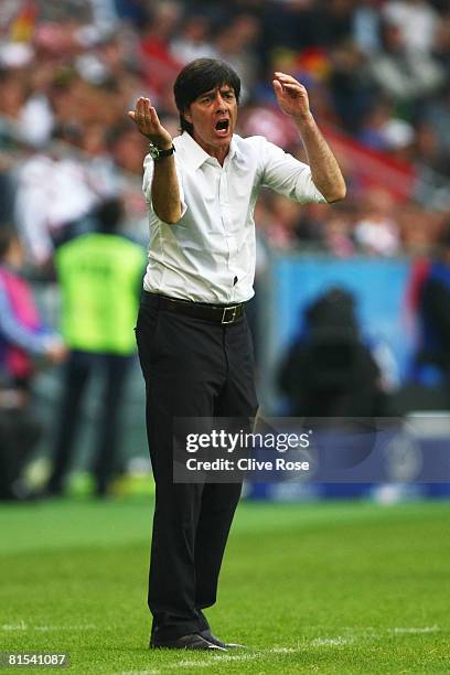 Head coach Joachim Loew of Germany shouts instructions from the sideline during the UEFA EURO 2008 Group B match between Croatia and Germany at...