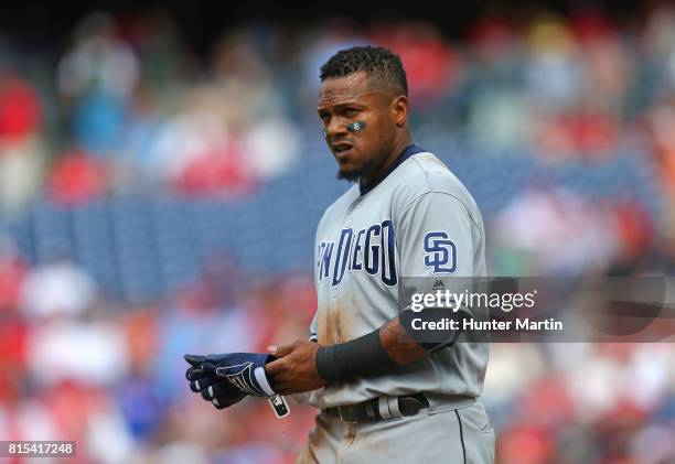Erick Aybar of the San Diego Padres during a game against the Philadelphia Phillies at Citizens Bank Park on July 8, 2017 in Philadelphia,...