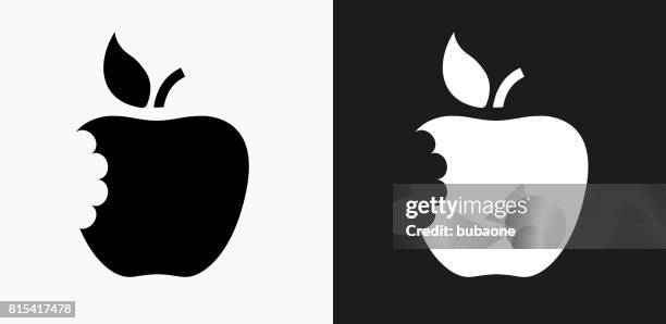 bildbanksillustrationer, clip art samt tecknat material och ikoner med ätit apple-ikonen på svart och vit vektor bakgrunder - chewing