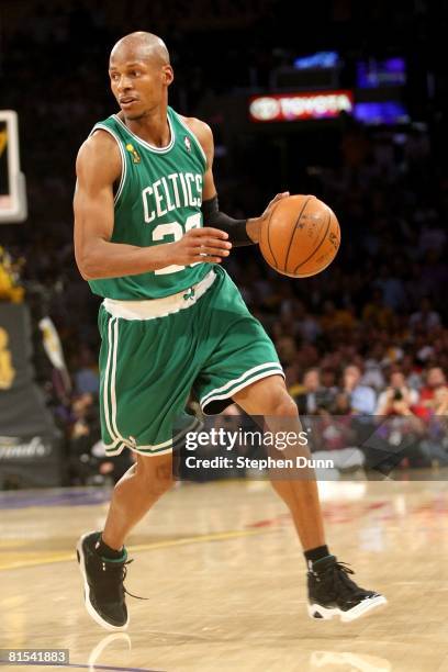 Ray Allen of the Boston Celtics moves the ball across the court in Game Three of the 2008 NBA Finals against the Los Angeles Lakers on June 10, 2008...
