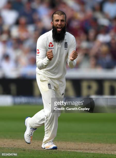 Moeen Ali of England celebrates the wicket of Temba Bavuma of South Africa during day three of the 2nd Investec Test match between England and South...