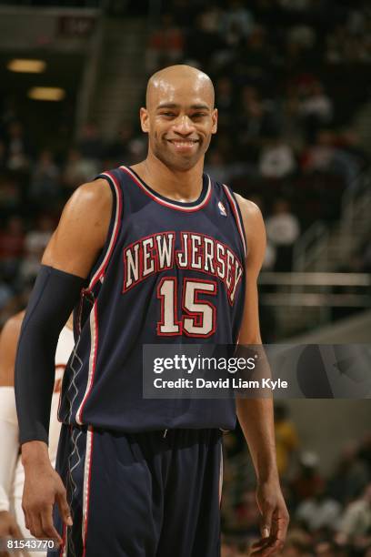 Vince Carter of the New Jersey Nets cracks a smile during the game against the Cleveland Cavaliers at Quicken Loans Arena on April 9, 2008 in...