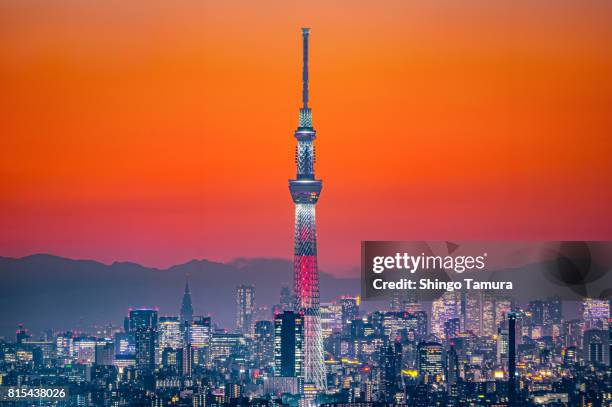 tokyo skytree in orange twilgiht sky - tokyo skytree stock pictures, royalty-free photos & images