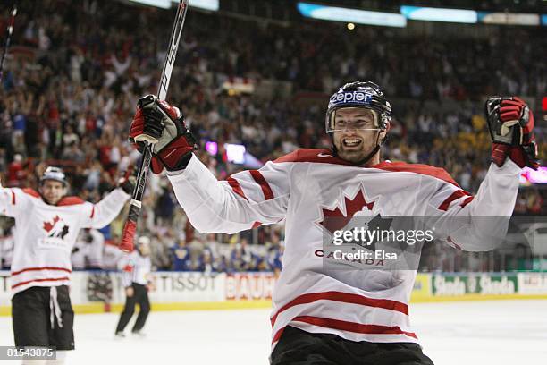 Rick Nash of Canada celebrates against Sweden during the Semifinal round of the International Ice Hockey Federation World Championship at the Colisee...