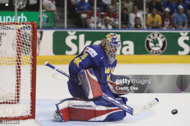 Henrik Lundqvist of Sweden makes a save against Canada during the Semifinal round of the International Ice Hockey Federation World Championship at...