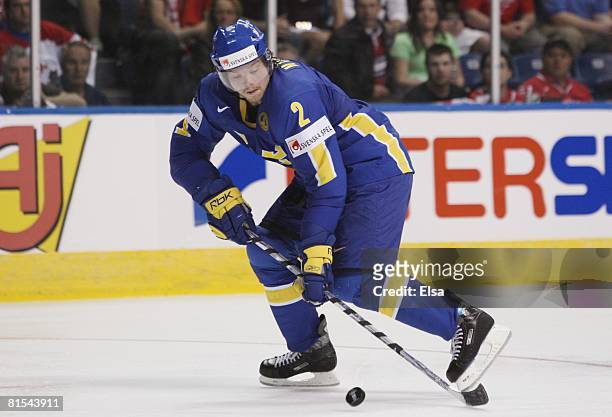 Douglas Murray of Sweden skates with the puck against Canada during the Semifinal round of the International Ice Hockey Federation World Championship...