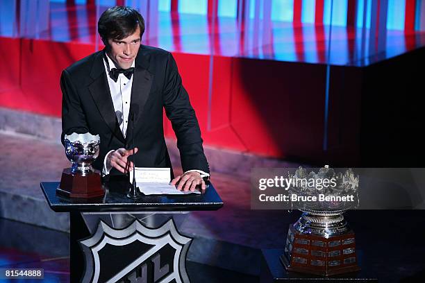 Pavel Datsyuk of the Detroit Red Wings accepts the Frank J. Selke Trophy on stage during the 2008 NHL Awards at the at the Elgin Theatre on June 12,...