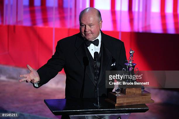 Head coach Bruce Boudreau of the Washington Capitls accepts the Jack Adams Award on stage during the 2008 NHL Awards at the at the Elgin Theatre on...