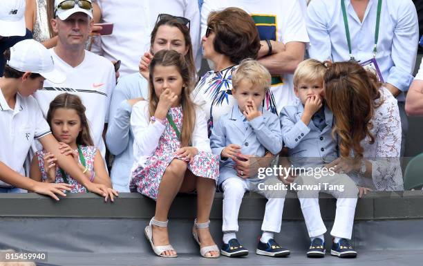 Mirka Federer with her children Myla, Charlene, Leo and Lenny attend day 13 of Wimbledon 2017 on July 16, 2017 in London, England.