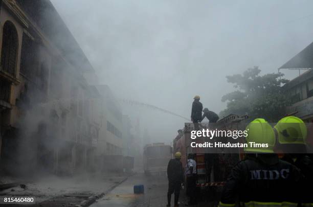 Fire breaks out in chemical godown at Sector-19, Vashi in Navi Mumbai, on July 15, 2017 in Mumbai, India. Several fire tenders rushed to the spot to...