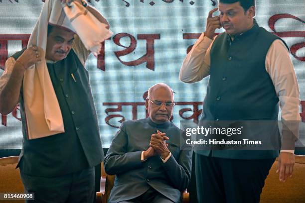 Maharashtra Chief Minister Devendra Fadnavis and Union Minister Nitin Gadkari with NDA Presidential candidate Ramnath Kovind, at Garware Club, Marine...