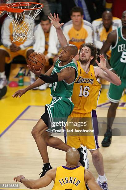 Ray Allen of the Boston Celtics goes up for a reverse against Pau Gasol of the Los Angeles Lakers in Game Four of the 2008 NBA Finals on June 12,...