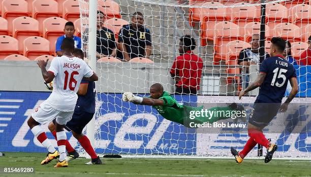 Patrick Pemberton of Costa Rica makes a diving save against Canada at BBVA Compass Stadium on July 11, 2017 in Houston, Texas.