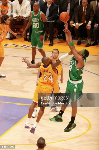 Paul Pierce of the Boston Celtics shoots against Kobe Bryant of the Los Angeles Lakers during Game Four of the 2008 NBA Finals at the Staples Center...