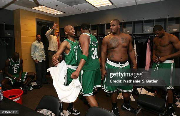 Sam Cassell, Paul Pierce and Glen Davis of the Boston Celtics celebrates in the locker room after their 97-91 win against the Los Angeles Lakers Game...