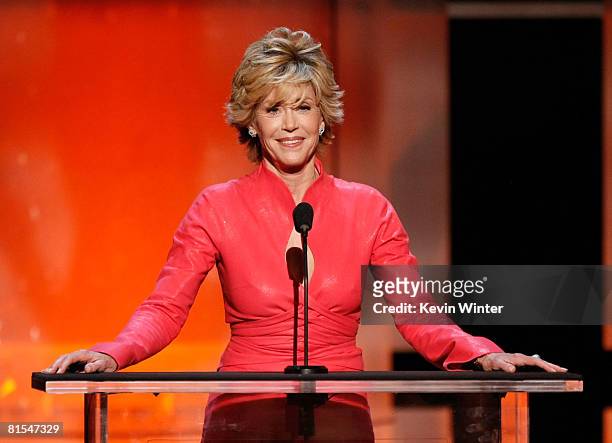 Actress Jane Fonda speaks during the 36th AFI Life Achievement Award tribute to Warren Beatty held at the Kodak Theatre on June 12, 2008 in...