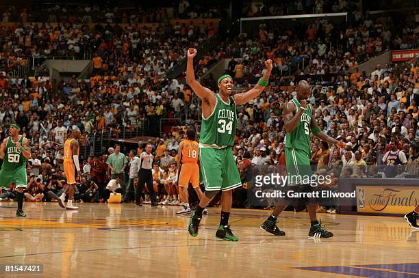 Paul Pierce of the Boston Celtics celebrates against the Los Angeles Lakers during Game Four of the 2008 NBA Finals on June 12, 2008 at the Staples...