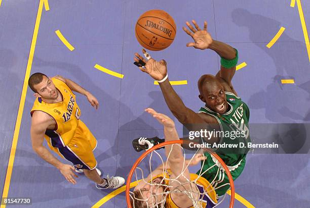 Kevin Garnett of the Boston Celtics puts up a shot against Pau Gasol of the Los Angeles Lakers in Game Four of the 2008 NBA Finals at Staples Center...