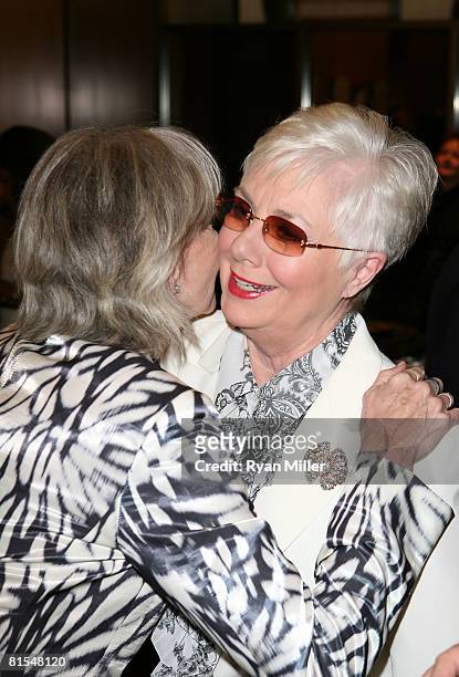Shirlee Fonda kisses actress Shirley Jones at A Centennial Tribute to Jimmy Stewart at The Academy of Motion Picture Arts and Sciences on June 12 in...