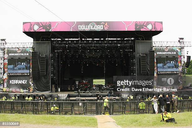 General view of the main stage before the gates open for Day 1 of the Download 2008 Festival, at Donington Park on June 13, 2008 in Castle Donington,...
