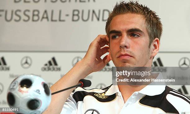 Philipp Lahm of Germany looks on during a press confernece of the German national team at the Centro Sportivo Tenero on June 13, 2008 in Tenero,...