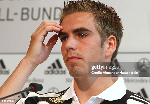 Philipp Lahm of Germany looks on during a press confernece of the German national team at the Centro Sportivo Tenero on June 13, 2008 in Tenero,...