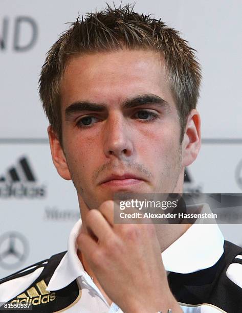 Philipp Lahm of Germany looks on during a press confernece of the German national team at the Centro Sportivo Tenero on June 13, 2008 in Tenero,...