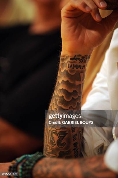 British soccer star David Beckham, with tattooed arm, attends Game 4 of the 2008 NBA Finals between the Boston Celtics and the Los Angeles Lakers in...
