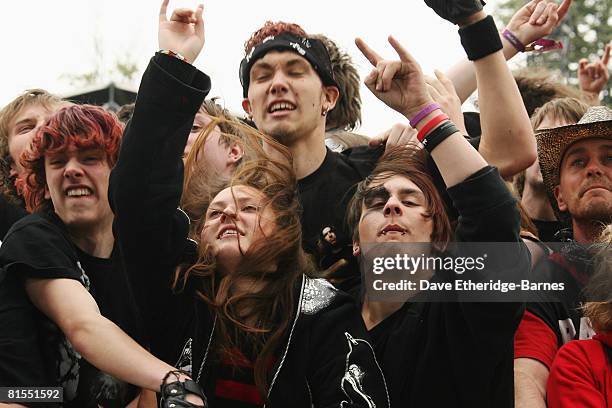 Fans enjoying the band Seether on the main stage during Day 1 of the Download 2008 Festival at Donington Park on June 13, 2008 in Castle Donington,...
