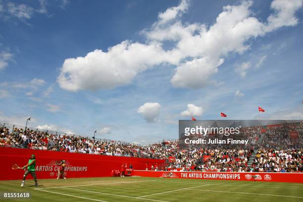 General view of Centre Court during the Men's Singles Quarter Final match between Rafael Nadal of Spain and Ivo Karlovic of Croatia on Day 5 of the...