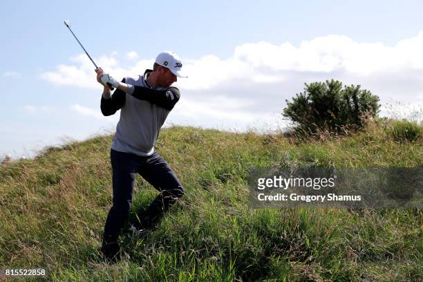 Andrew Dodt of Australia hits his second shot on the 5th hole during the final round of the AAM Scottish Open at Dundonald Links Golf Course on July...