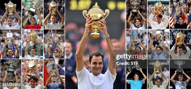 Combination of photographs created in Wimbledon, southwest London on July 16, 2017 shows Switzerland's Roger Federer holding up the trophy for each...