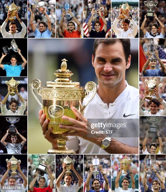 Combination of photographs created in Wimbledon, southwest London on July 16, 2017 shows Switzerland's Roger Federer holding up the trophy for each...