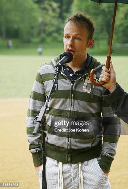 Actor Marty Thomas of "Xanadu sing the National Anthom at the 54th Season of the Broadway Softball League Opening Day on May 22, 2008 in New York.